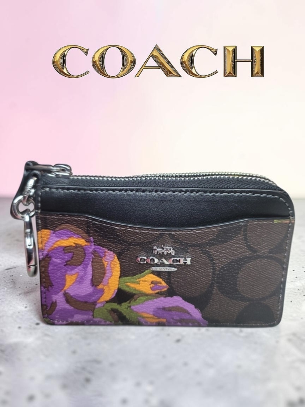 Coach Multifunction Card Case In Signature Canvas With Rose Print EUC